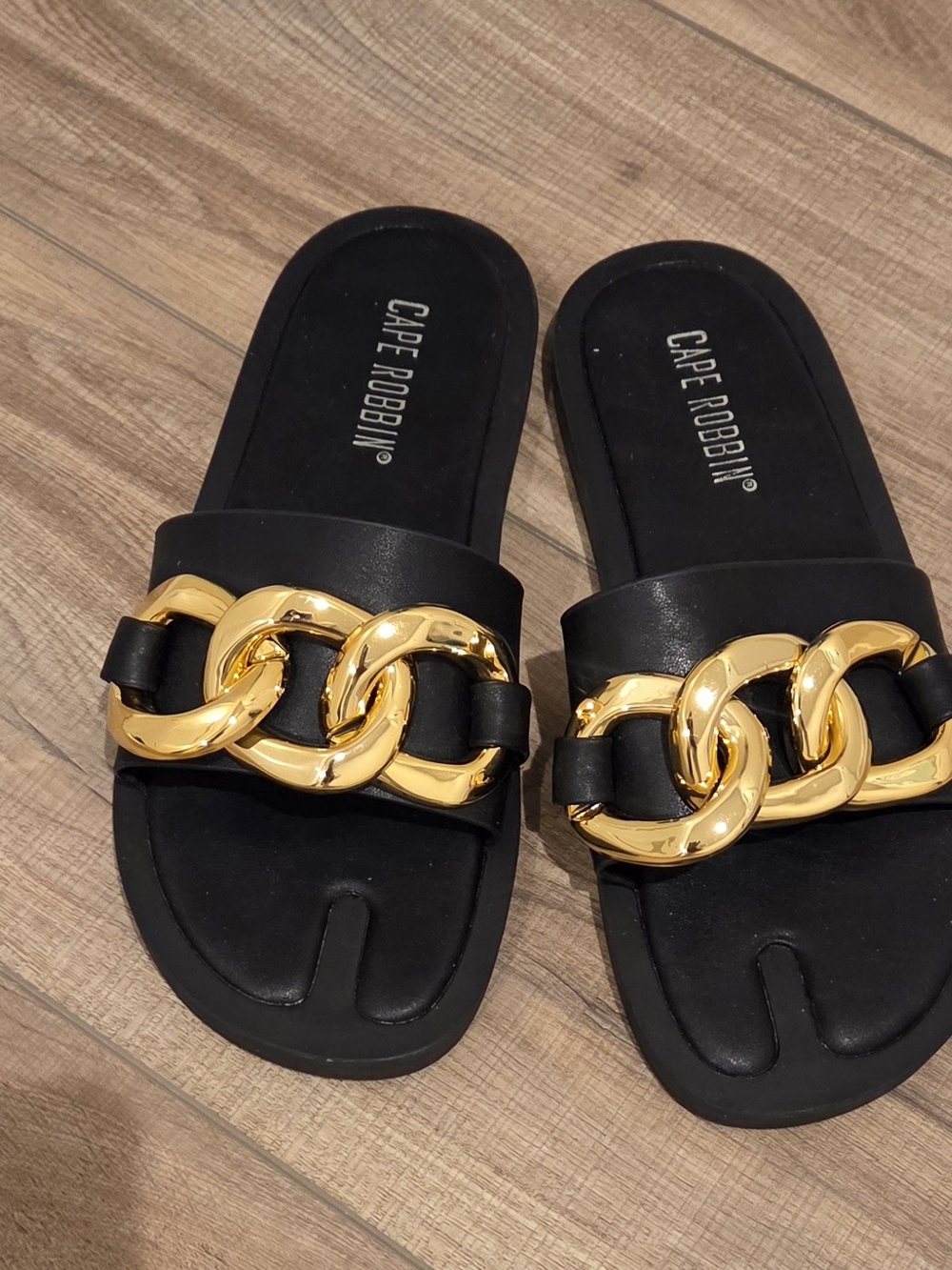 Cape Robbin Black Slide Sandals with Bold Gold Chain